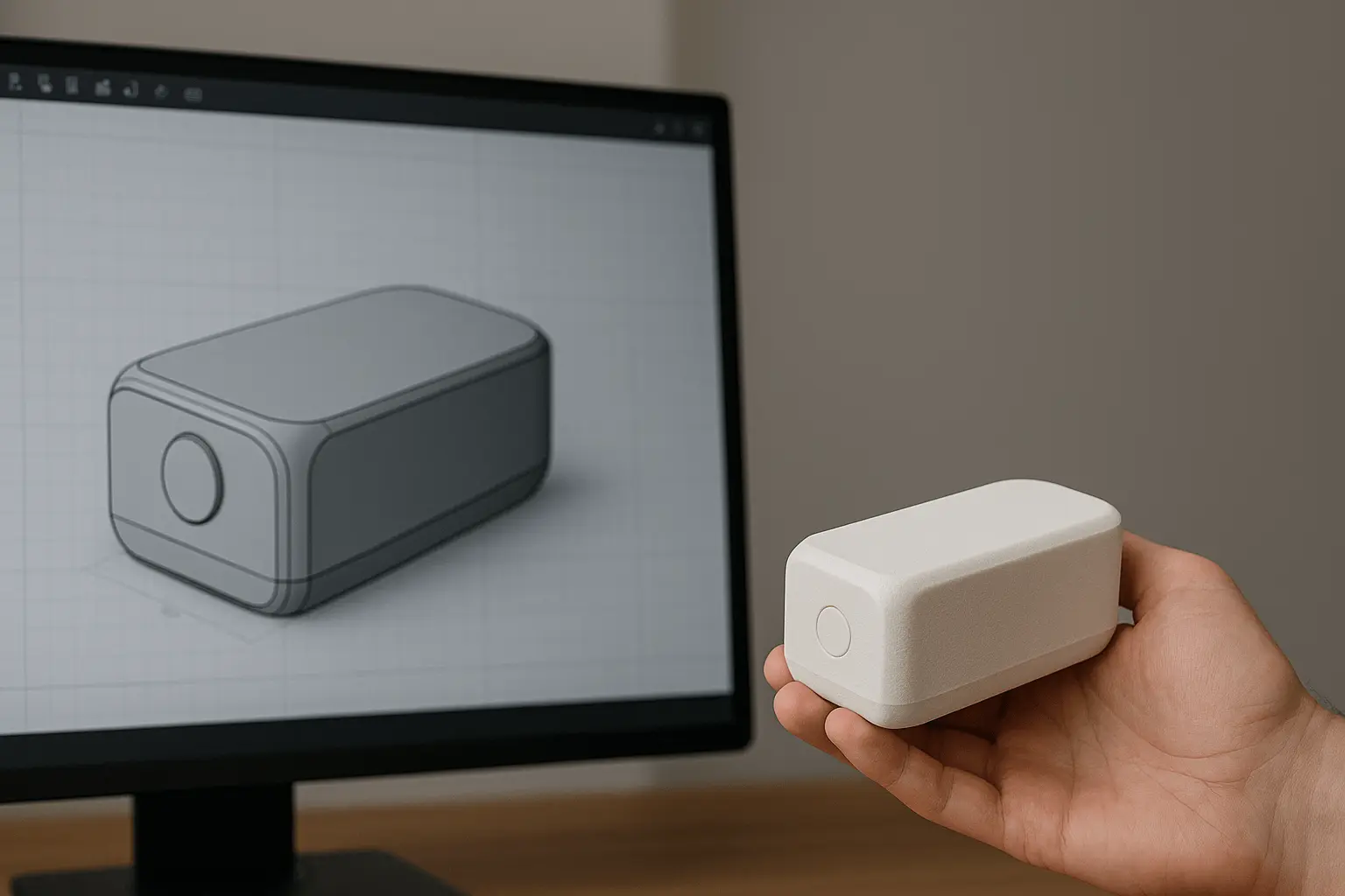 3D printed prototype next to CAD model showing real-world testing
